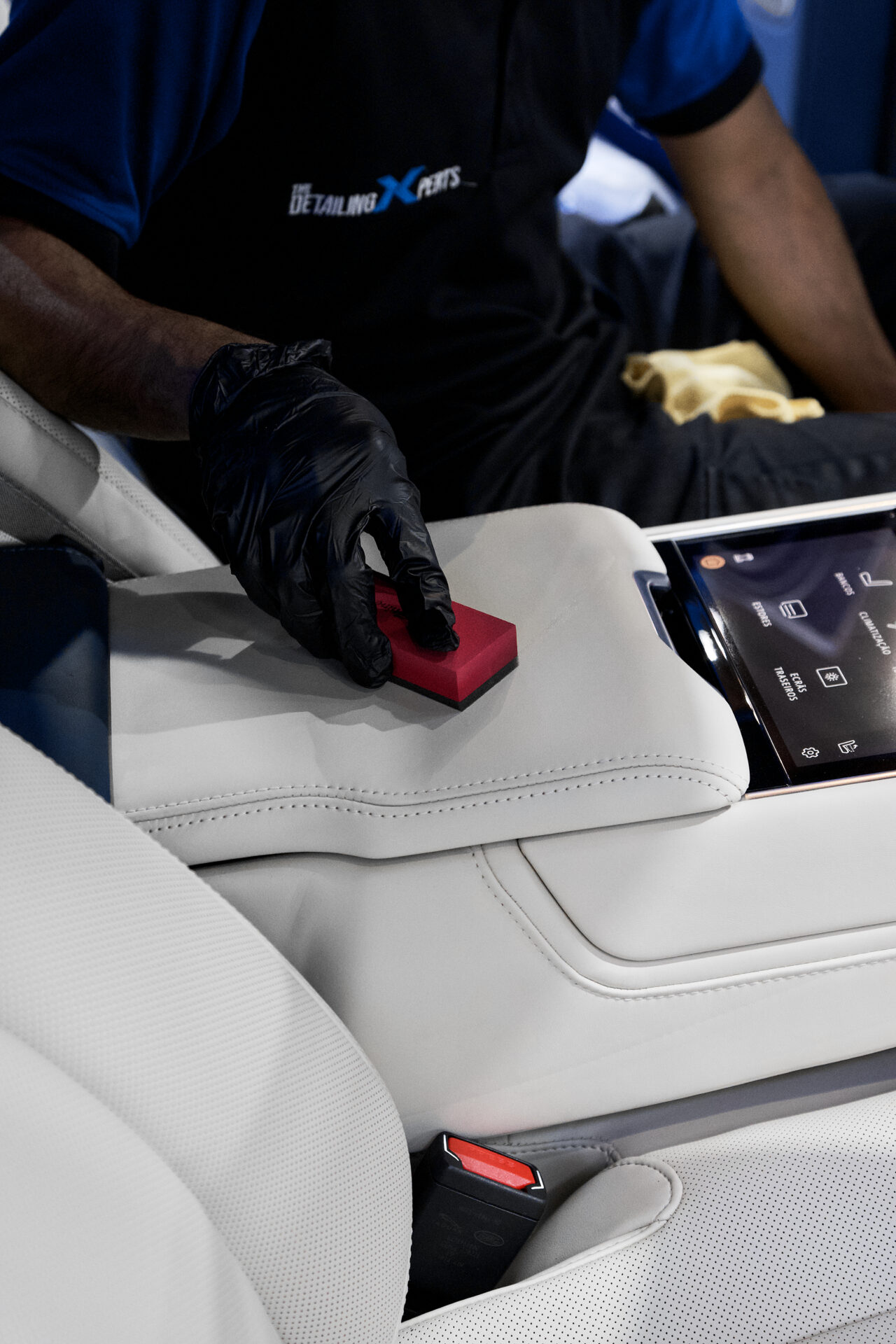 Drive-sourced luxury seat and console interior detailing at The Detailing Xperts Dubai